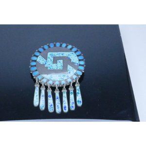 Mexican Sterling Silver Enamel Pendant Brooch Signed JF Jeronimo Fuentes Blue Bl